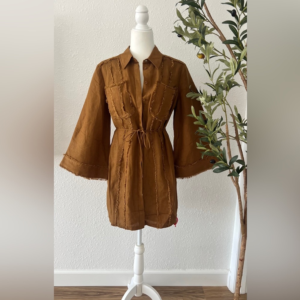 Significant Other Linen Blend Brown Long-Sleeve Tunic Dress